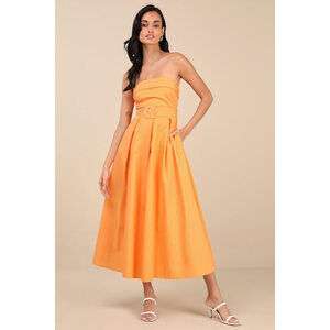 GORGEOUS Lulus Trendsetting Choice Orange Strapless Midi Dress With Pockets